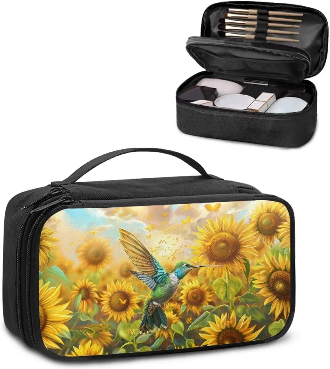 Hummingbird Sunflower Travel Bag Organizer Travel Cosmetics Bag Makeup Bag with Brush Holder Portable Makeup Organizer Cosmetic Train Case Access Easily With Dual-Way Smooth Zipper