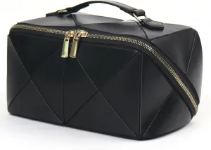 IMCUZUR Travel Makeup Bag Large Cosmetic Bag for Women, Open Flat Make up Bag Portable Skincare Bag with Handle (Black)