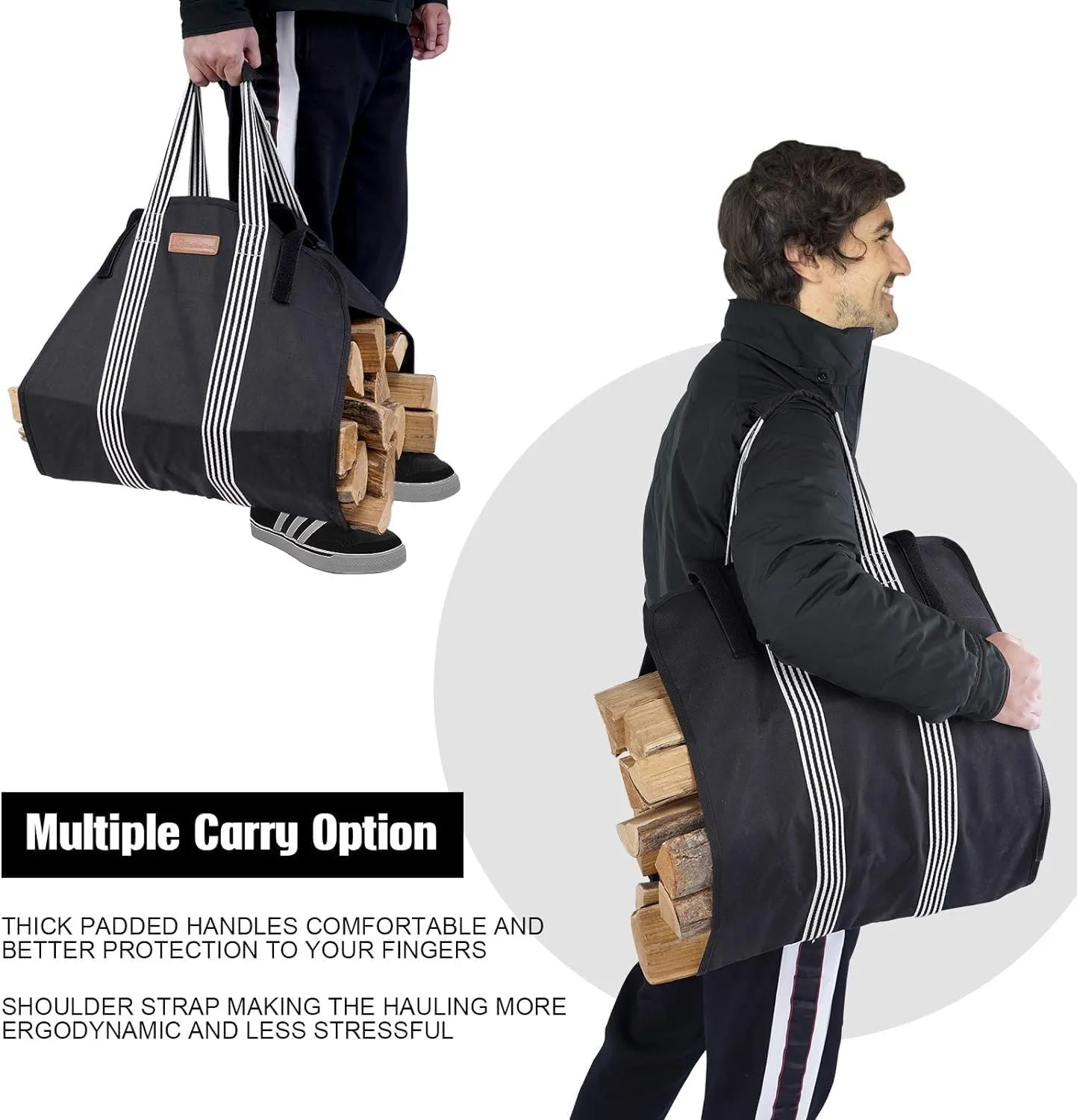 Indoor Heavy Firewood Log Carrier Tote, Oxford Canvas Fabric Foldable Wood Carrier Padded Handles, Outdoor Large Capacity Firewood Carrier Bag with Hook and Loop