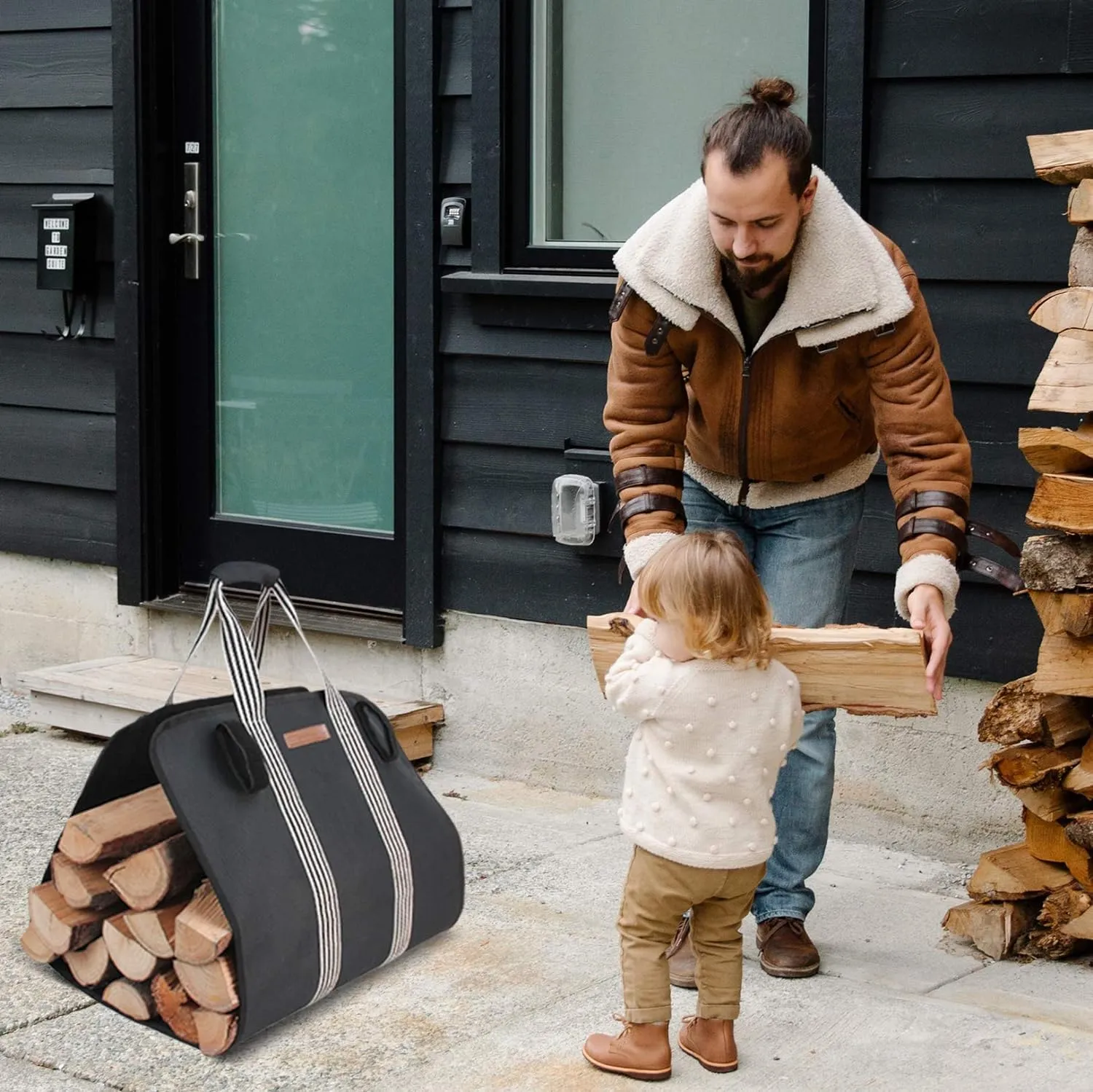 Indoor Heavy Firewood Log Carrier Tote, Oxford Canvas Fabric Foldable Wood Carrier Padded Handles, Outdoor Large Capacity Firewood Carrier Bag with Hook and Loop