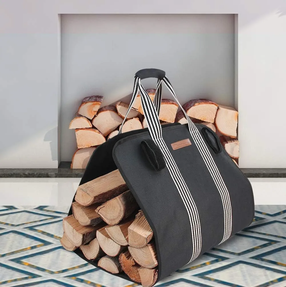 Indoor Heavy Firewood Log Carrier Tote, Oxford Canvas Fabric Foldable Wood Carrier Padded Handles, Outdoor Large Capacity Firewood Carrier Bag with Hook and Loop