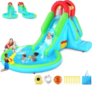 Inflatable Water Slide for Kids, 5-in-1 Waterpark with Slide for Wet and Dry, 13x8.3x7.1FT Blow Up Water Slides w/Water Cannon, Climbing Wall & Splash Pool for Backyard Outdoor Summer Fun