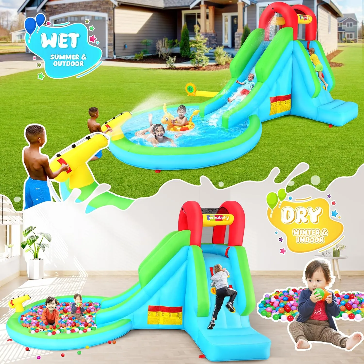 Inflatable Water Slide for Kids, 5-in-1 Waterpark with Slide for Wet and Dry, 13x8.3x7.1FT Blow Up Water Slides w/Water Cannon, Climbing Wall & Splash Pool for Backyard Outdoor Summer Fun
