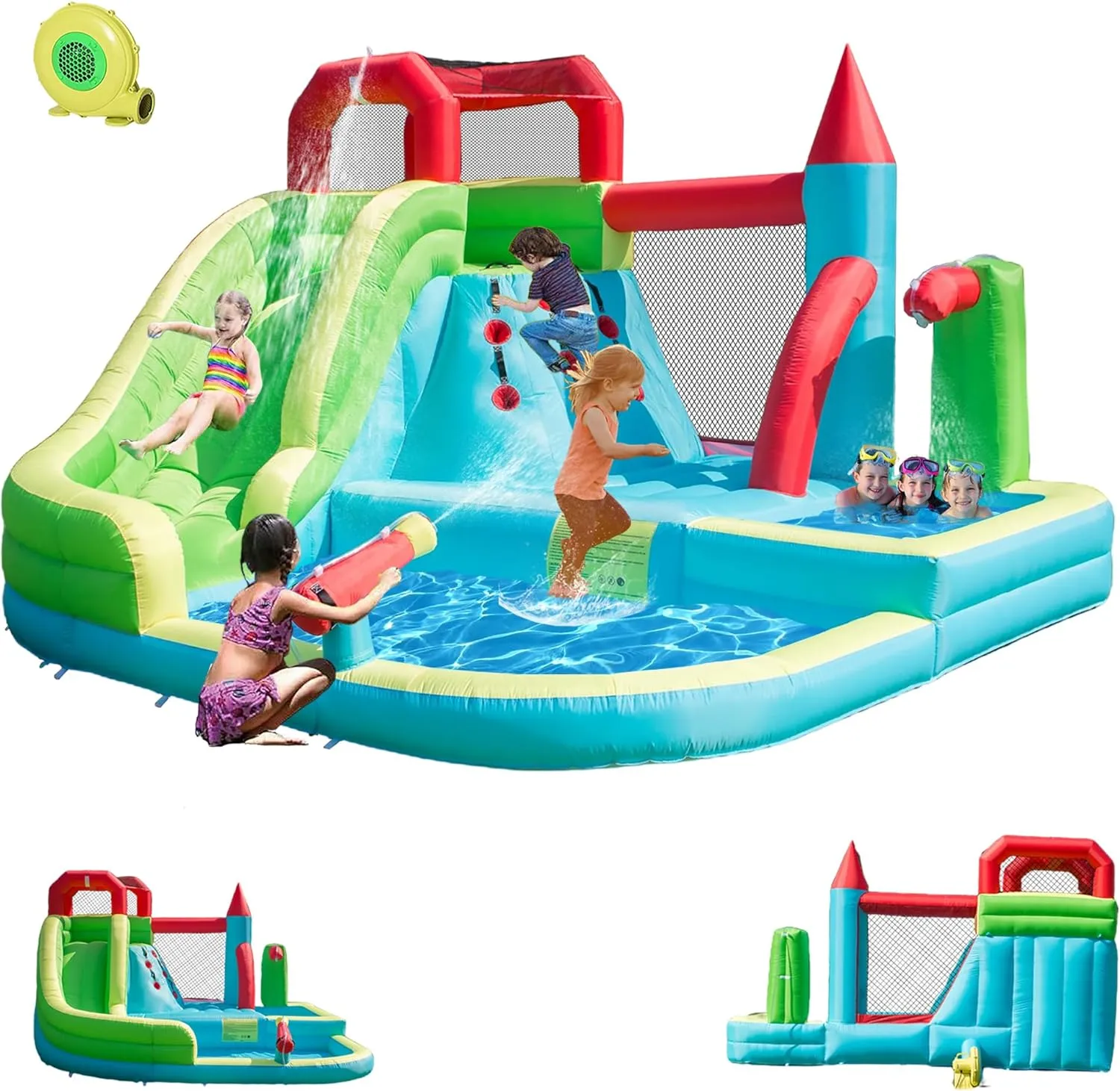 Inflatable Water Slide for Kids,6-in-1 Bounce House with Waterslide Park,Deep Pool,Splash Pool,Water Cannon,Climbing Wall and Jumping Bouncer for Backyard Outdoor with 550W Air Blower