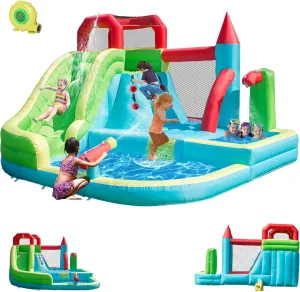 Inflatable Water Slide for Kids,6-in-1 Bounce House with Waterslide Park,Deep Pool,Splash Pool,Water Cannon,Climbing Wall and Jumping Bouncer for Backyard Outdoor with 550W Air Blower