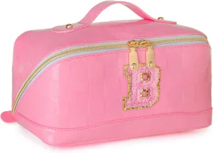 Initial Makeup Bag Large Capacity Travel Cosmetic Bag for Women PU Leather Open Flat Toiletry Bag with Handle and Divider Personalized Gifts for Women (Pink B)