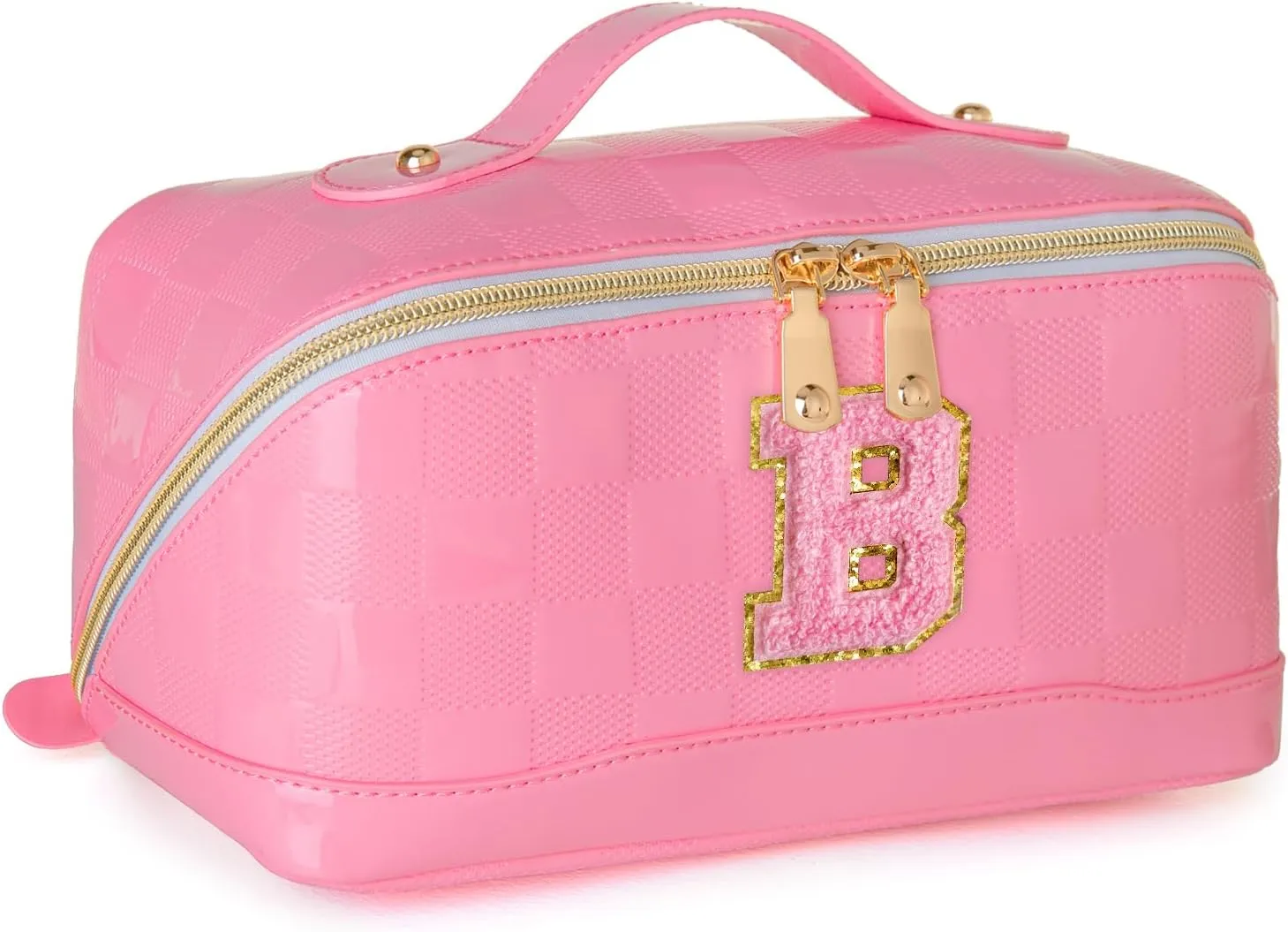 Initial Makeup Bag Large Capacity Travel Cosmetic Bag for Women PU Leather Open Flat Toiletry Bag with Handle and Divider Personalized Gifts for Women (Pink B)