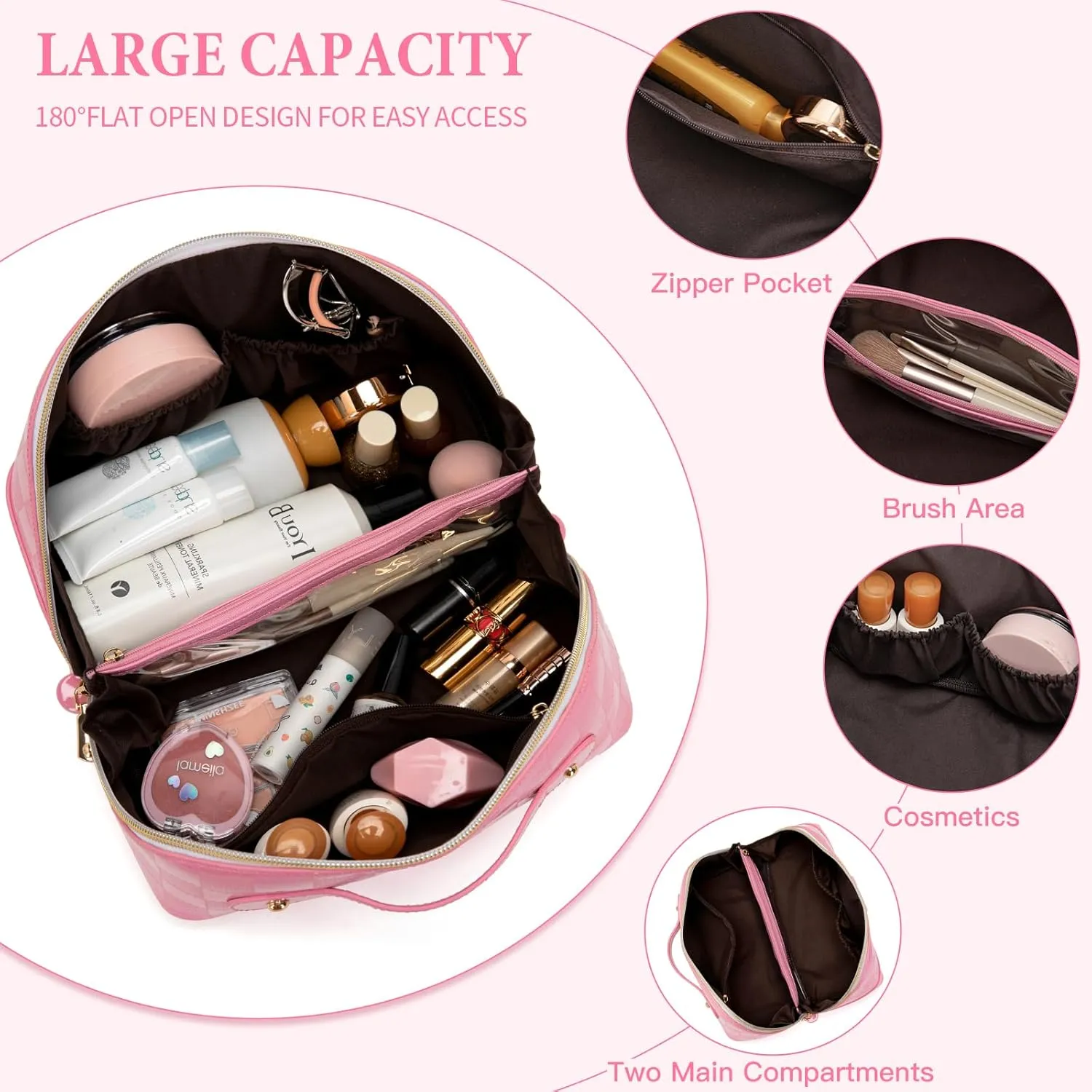 Initial Makeup Bag Large Capacity Travel Cosmetic Bag for Women PU Leather Open Flat Toiletry Bag with Handle and Divider Personalized Gifts for Women (Pink B)