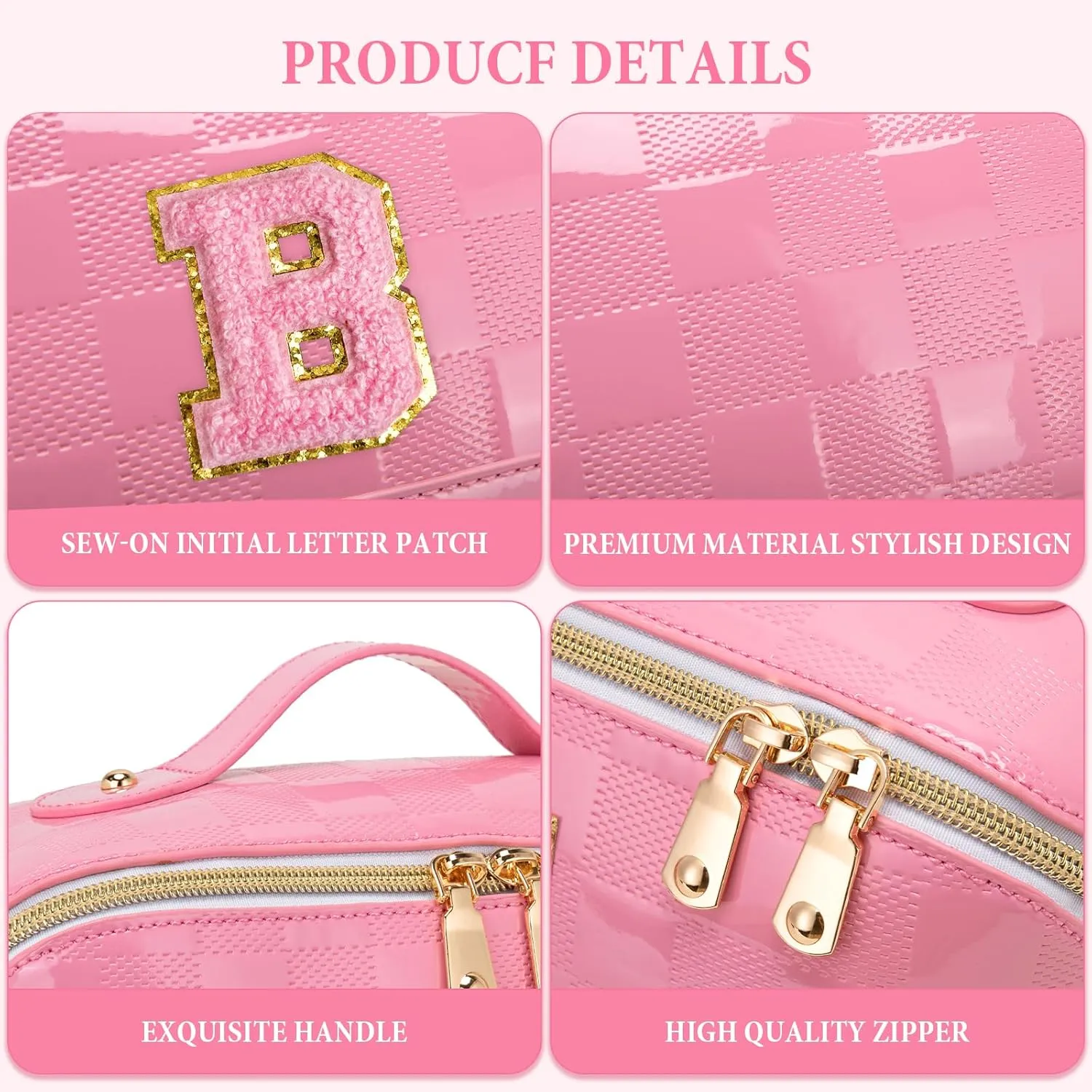 Initial Makeup Bag Large Capacity Travel Cosmetic Bag for Women PU Leather Open Flat Toiletry Bag with Handle and Divider Personalized Gifts for Women (Pink B)