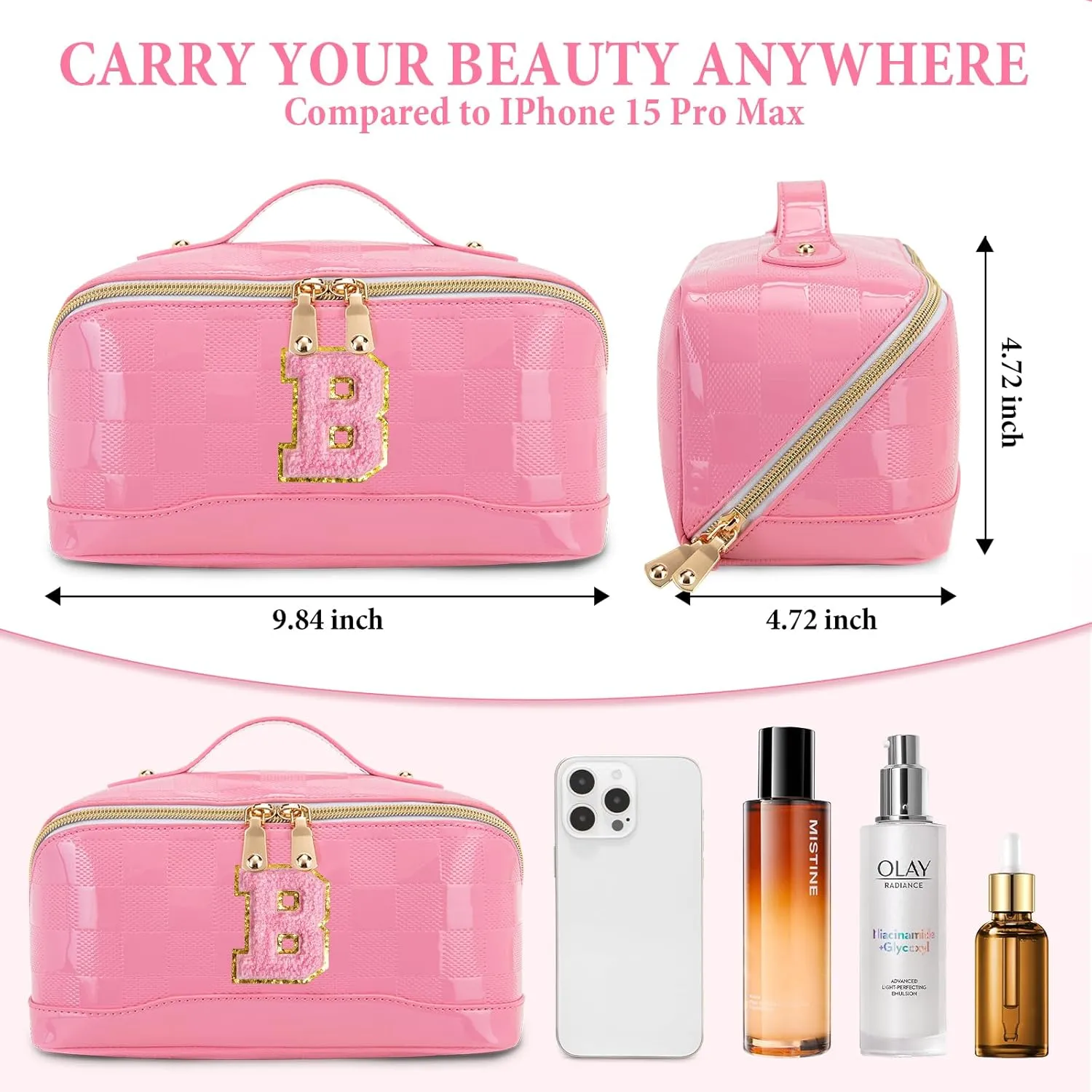 Initial Makeup Bag Large Capacity Travel Cosmetic Bag for Women PU Leather Open Flat Toiletry Bag with Handle and Divider Personalized Gifts for Women (Pink B)