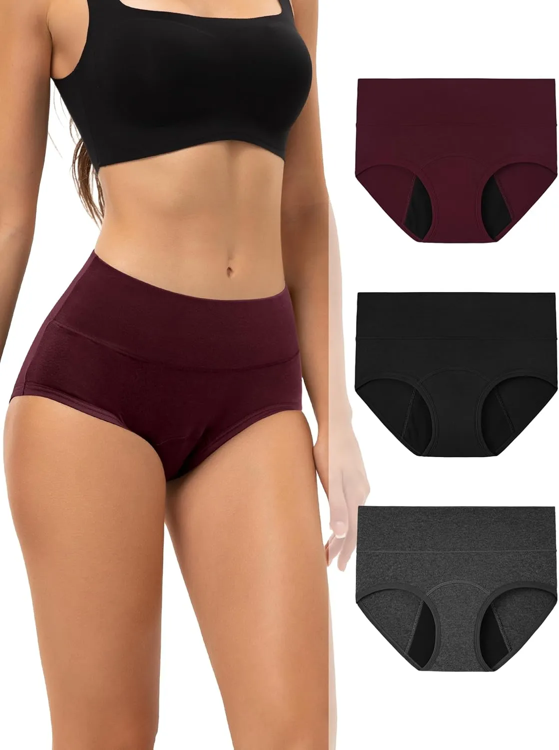 INNERSY Period Underwear for Women Heavy Flow High Waist Cotton Leak Proof Menstrual Panties 3-Pack