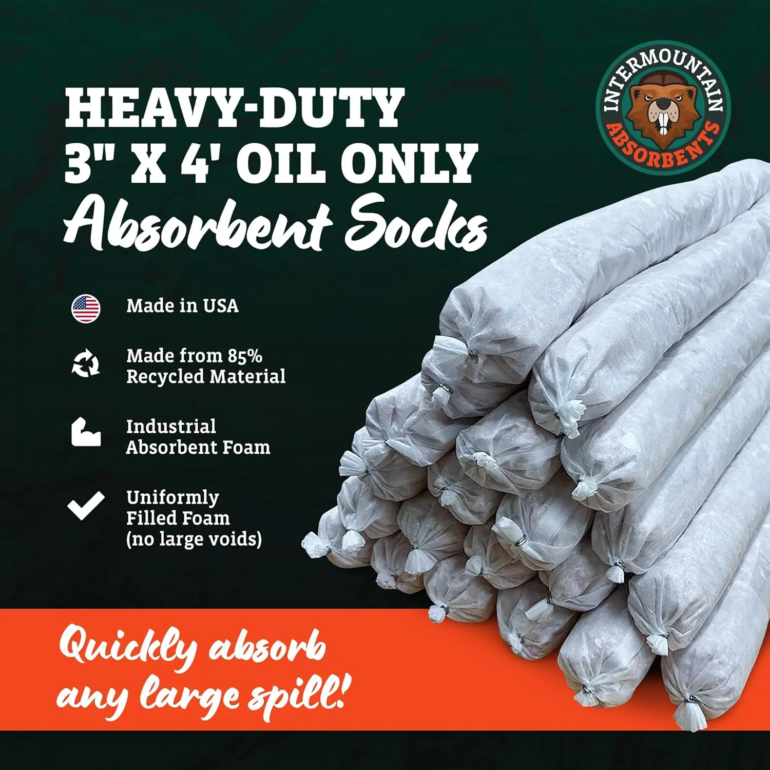 Intermountain Absorbents Oil Only Absorbent Socks - Oil Absorbent Socks, Absorbs Oil, Hydrocarbons & Repels Water - Recycled Polypropylene Oil Absorbing Socks, Oil Socks, 3"x4' (20 Pack)