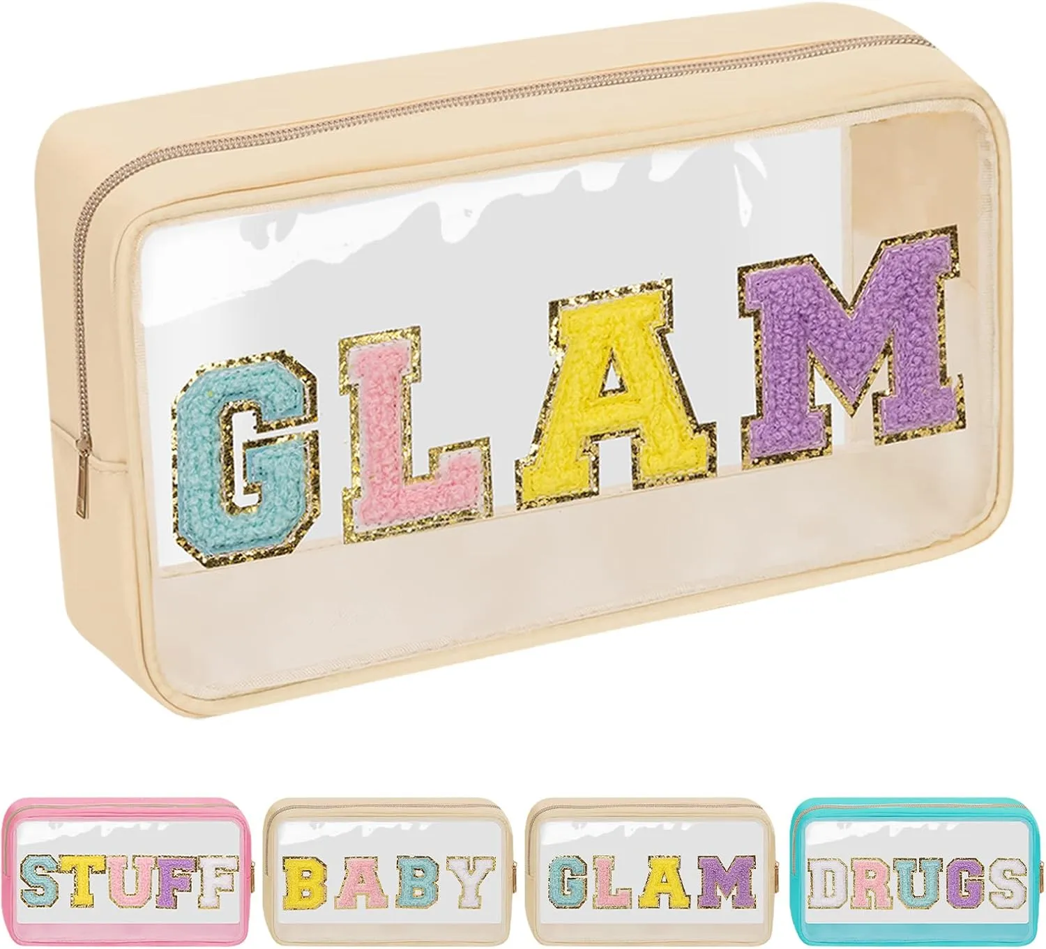 Iqimott Preppy Patch Clear Glam Bag, Women Chenille Letter Makeup Cosmetic Bag for Travel, Nylon Waterproof Organization Outdoor Zipper Pouch Toiletry Bag for Women Girls(Beige)
