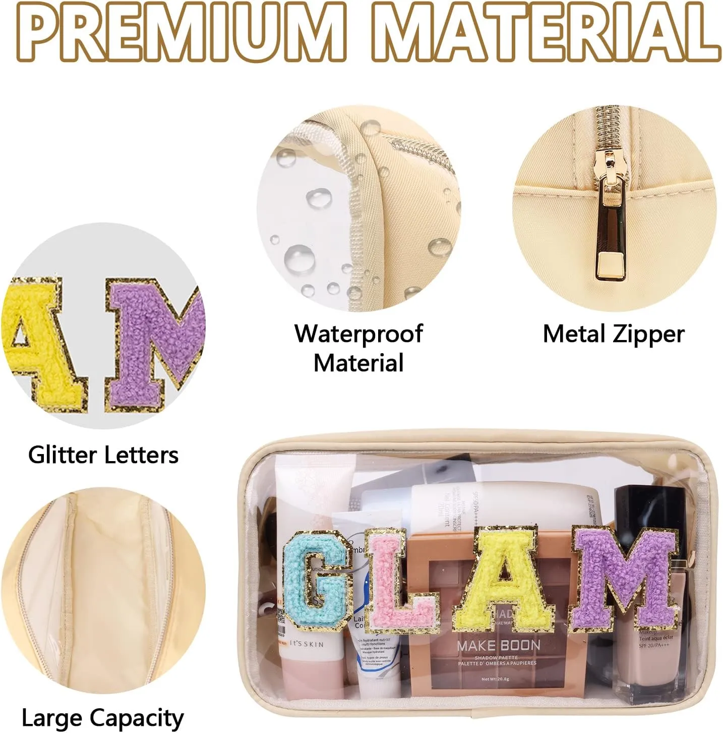 Iqimott Preppy Patch Clear Glam Bag, Women Chenille Letter Makeup Cosmetic Bag for Travel, Nylon Waterproof Organization Outdoor Zipper Pouch Toiletry Bag for Women Girls(Beige)