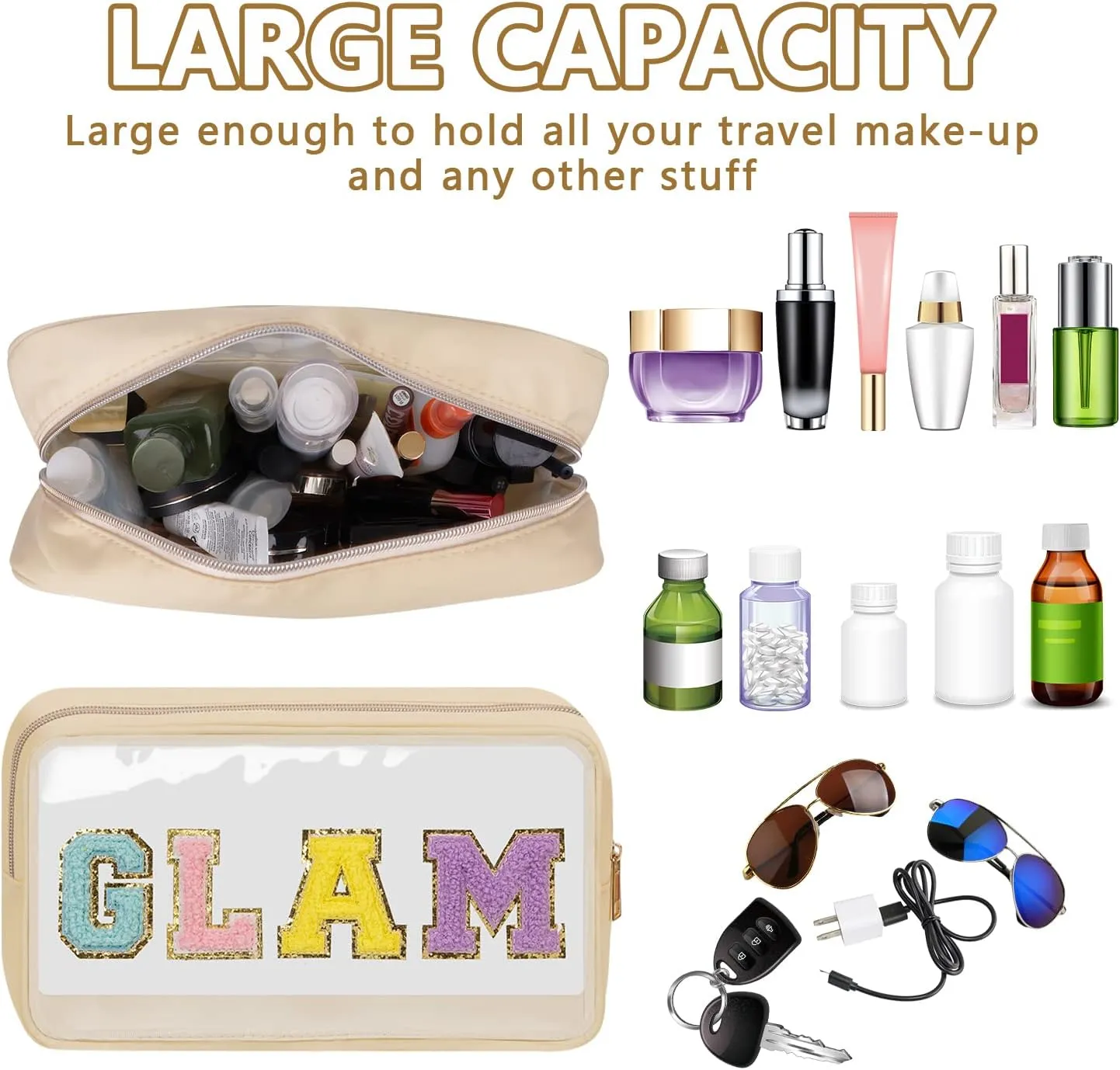 Iqimott Preppy Patch Clear Glam Bag, Women Chenille Letter Makeup Cosmetic Bag for Travel, Nylon Waterproof Organization Outdoor Zipper Pouch Toiletry Bag for Women Girls(Beige)