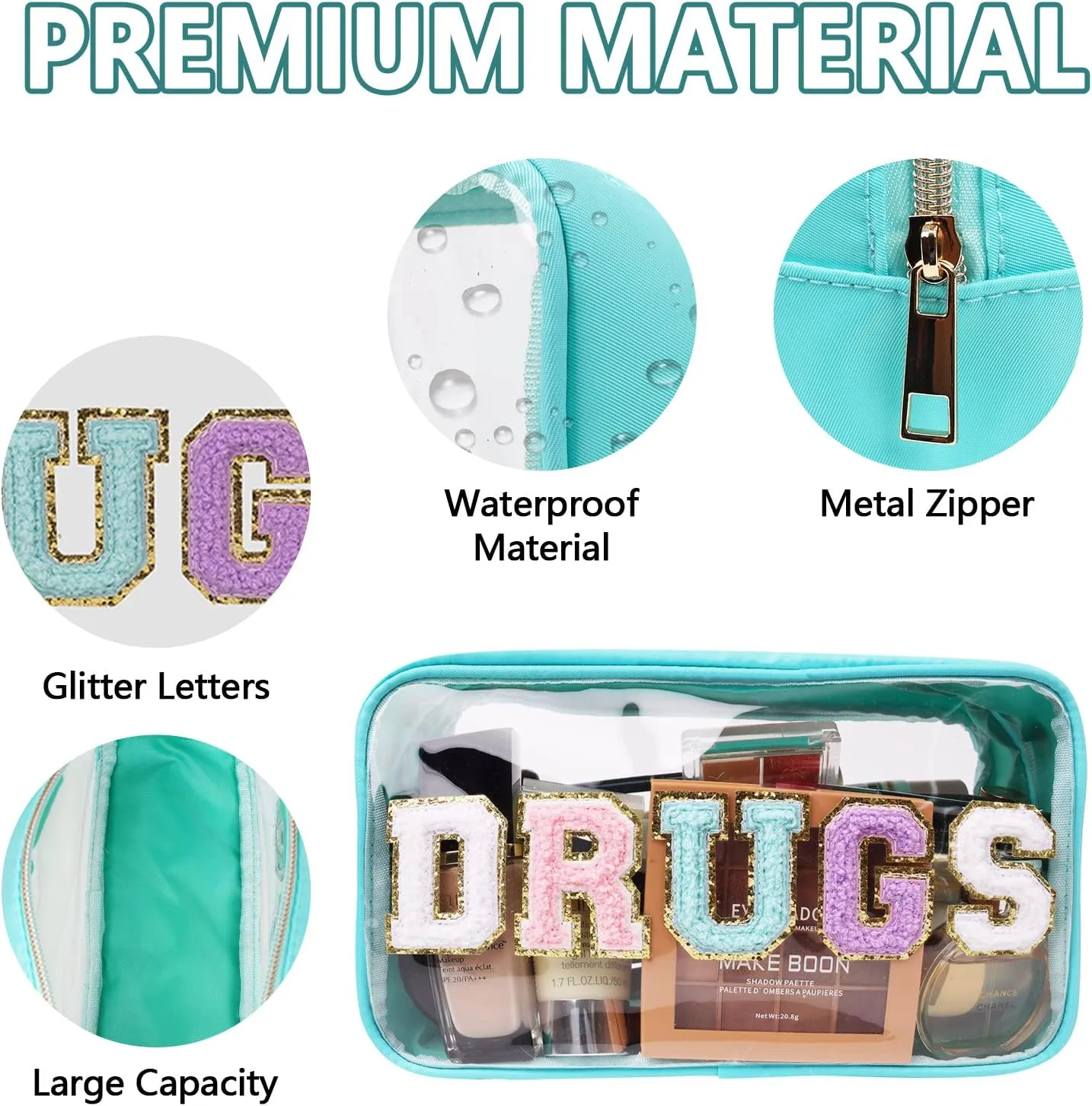 Iqimott Preppy Patch Clear Makeup Bag, Women Chenille Letter Cosmetic Bag for Travel, Nylon Waterproof Organization Outdoor Zipper Pouch Toiletry Bag for Women Girls(Green)