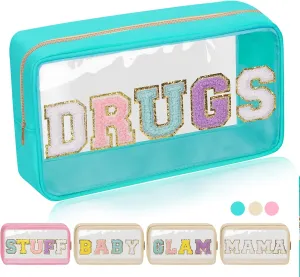 Iqimott Preppy Patch Clear Makeup Bag, Women Chenille Letter Cosmetic Bag for Travel, Nylon Waterproof Organization Outdoor Zipper Pouch Toiletry Bag for Women Girls(Green)