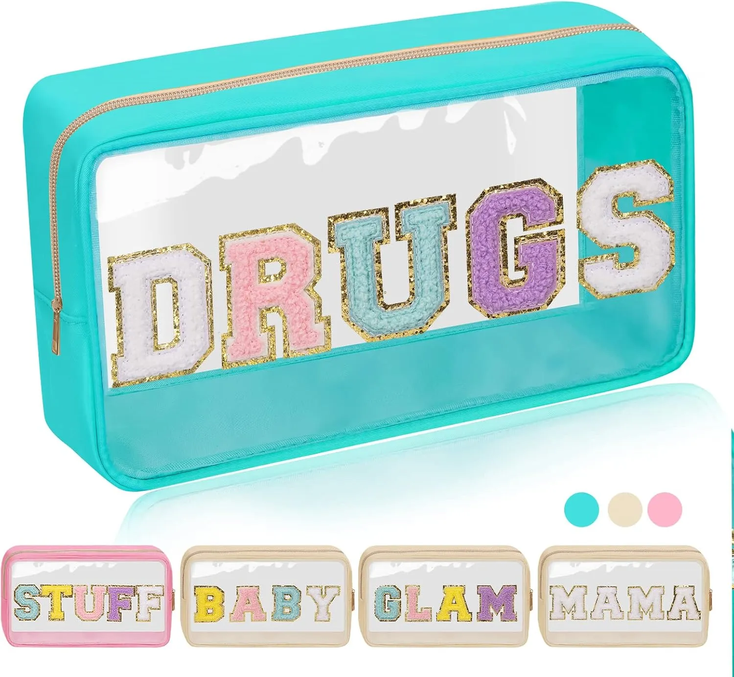 Iqimott Preppy Patch Clear Makeup Bag, Women Chenille Letter Cosmetic Bag for Travel, Nylon Waterproof Organization Outdoor Zipper Pouch Toiletry Bag for Women Girls(Green)