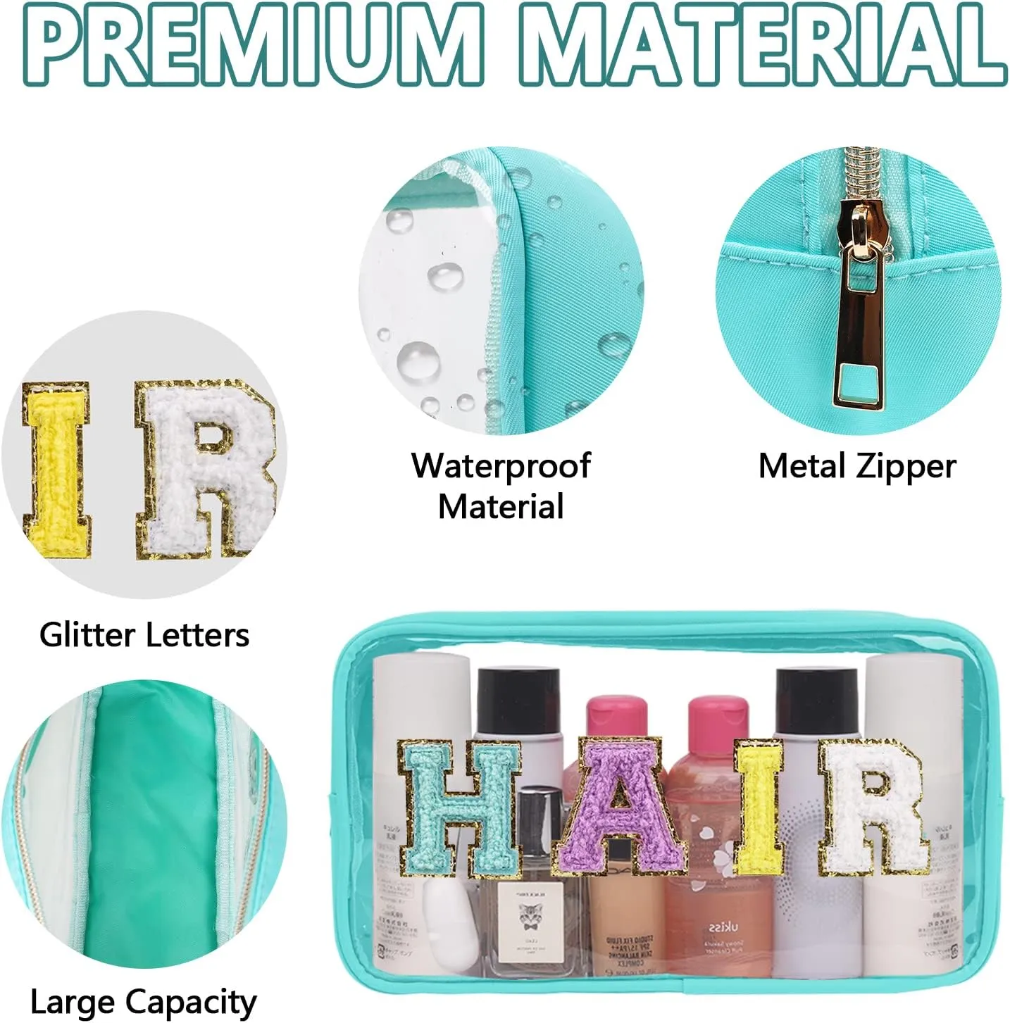 Iqimott Preppy Patch Clear Makeup Hair Bag, Women Chenille Letter Cosmetic Bag for Travel, Nylon Waterproof Organization Outdoor Zipper Pouch Toiletry Bag for Women Girls(Green)