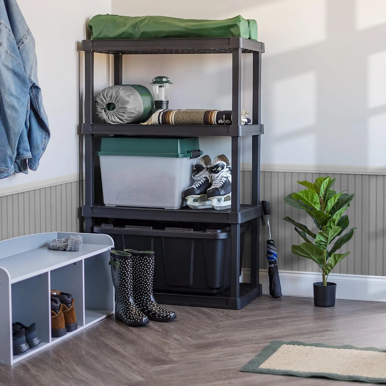 IRIS USA 4-Shelf Heavy Duty Plastic Storage Shelves, 400lb Capacity, 56"H x 36"W x 18"D, Large Modular Shelving Unit Storage Organizer for Garage, Home, Bathroom & Laundry, Storage Rack - Black