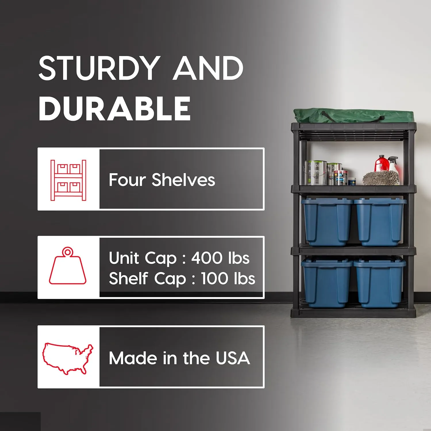 IRIS USA 4-Shelf Heavy Duty Plastic Storage Shelves, 400lb Capacity, 56"H x 36"W x 18"D, Large Modular Shelving Unit Storage Organizer for Garage, Home, Bathroom & Laundry, Storage Rack - Black