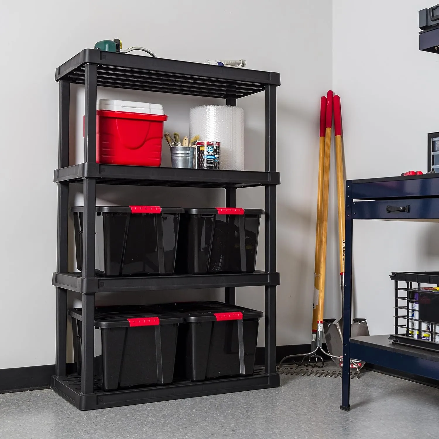 IRIS USA 4-Shelf Heavy Duty Plastic Storage Shelves, 400lb Capacity, 56"H x 36"W x 18"D, Large Modular Shelving Unit Storage Organizer for Garage, Home, Bathroom & Laundry, Storage Rack - Black