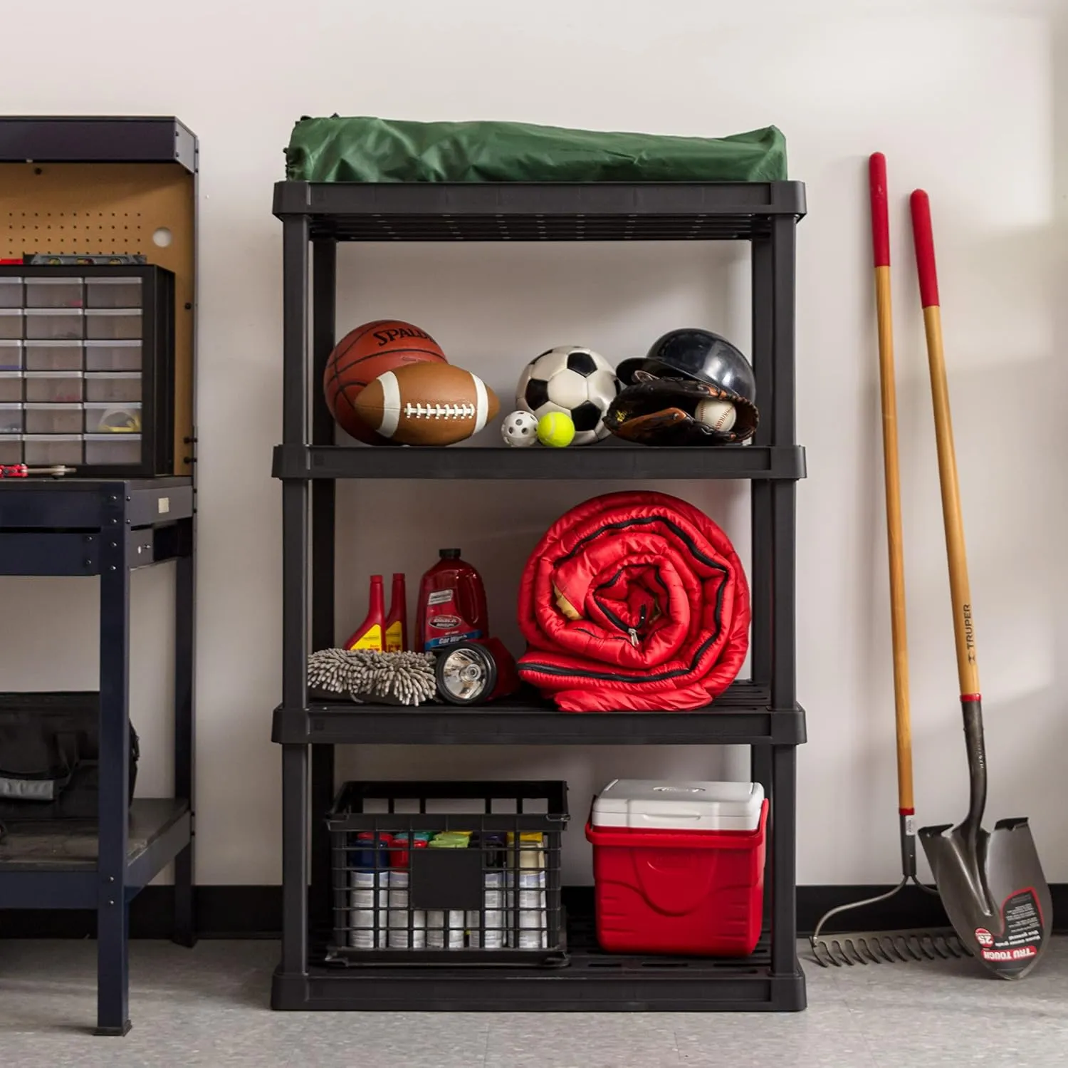 IRIS USA 4-Shelf Heavy Duty Plastic Storage Shelves, 400lb Capacity, 56"H x 36"W x 18"D, Large Modular Shelving Unit Storage Organizer for Garage, Home, Bathroom & Laundry, Storage Rack - Black