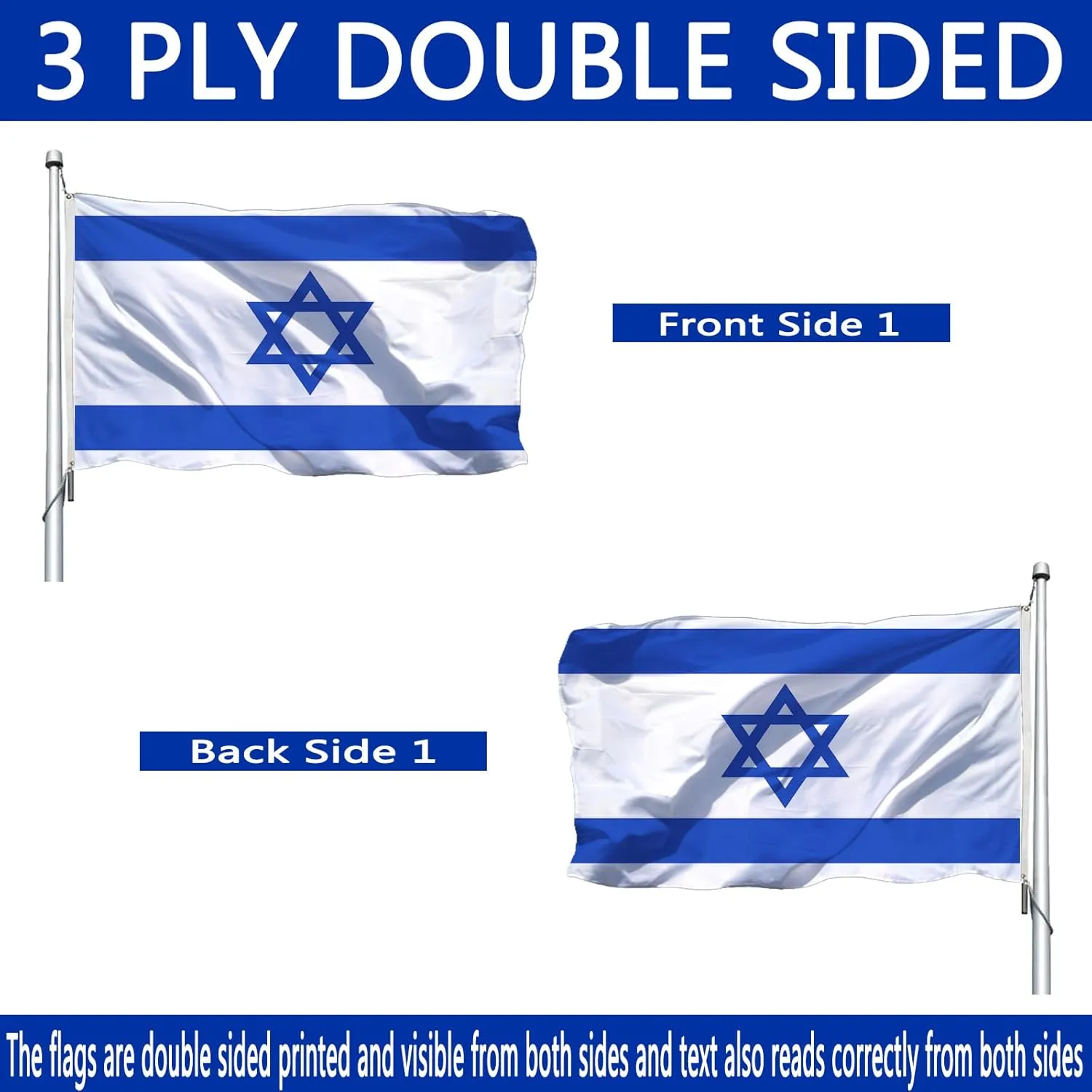 Israel Israeli Flag 3x5 Outdoor Double Sided- Heavy Duty Israeli National Country Flags of Israel with 2 Brass Grommets 4 Rows Stitched