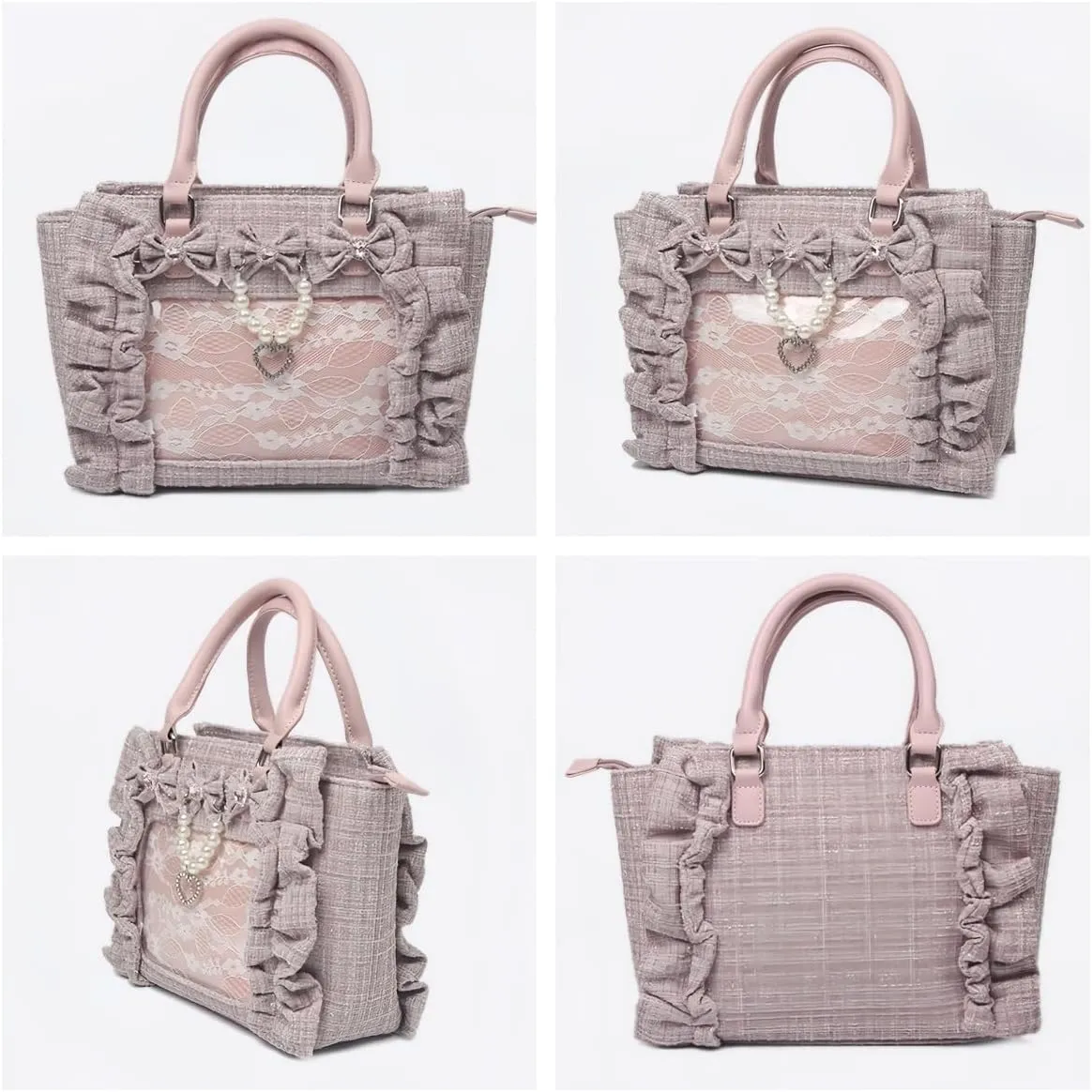 Ita Bag Tote Handbag Small Aesthetic Single Shoulder Crossbody Bag with Insert Ruffle Bow Purse for Gothic Girls (Pink)