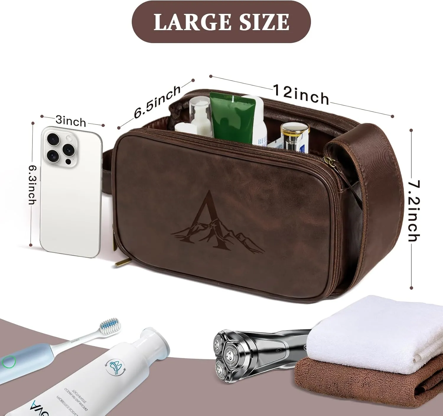 Janhavi Birthday Gifts For Husband, Personalized Laser Engraved Initials & Mountain, Make Up Bag Traveling, Men's Accessories Organizer Mens Travel Bag Toiletry, Gifts for Him (Dark Brown N)