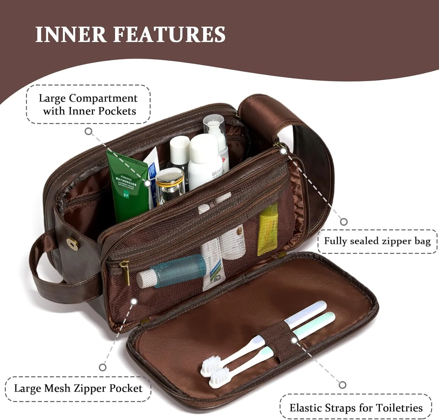 Janhavi Birthday Gifts For Husband, Personalized Laser Engraved Initials & Mountain, Make Up Bag Traveling, Men's Accessories Organizer Mens Travel Bag Toiletry, Gifts for Him (Dark Brown N)