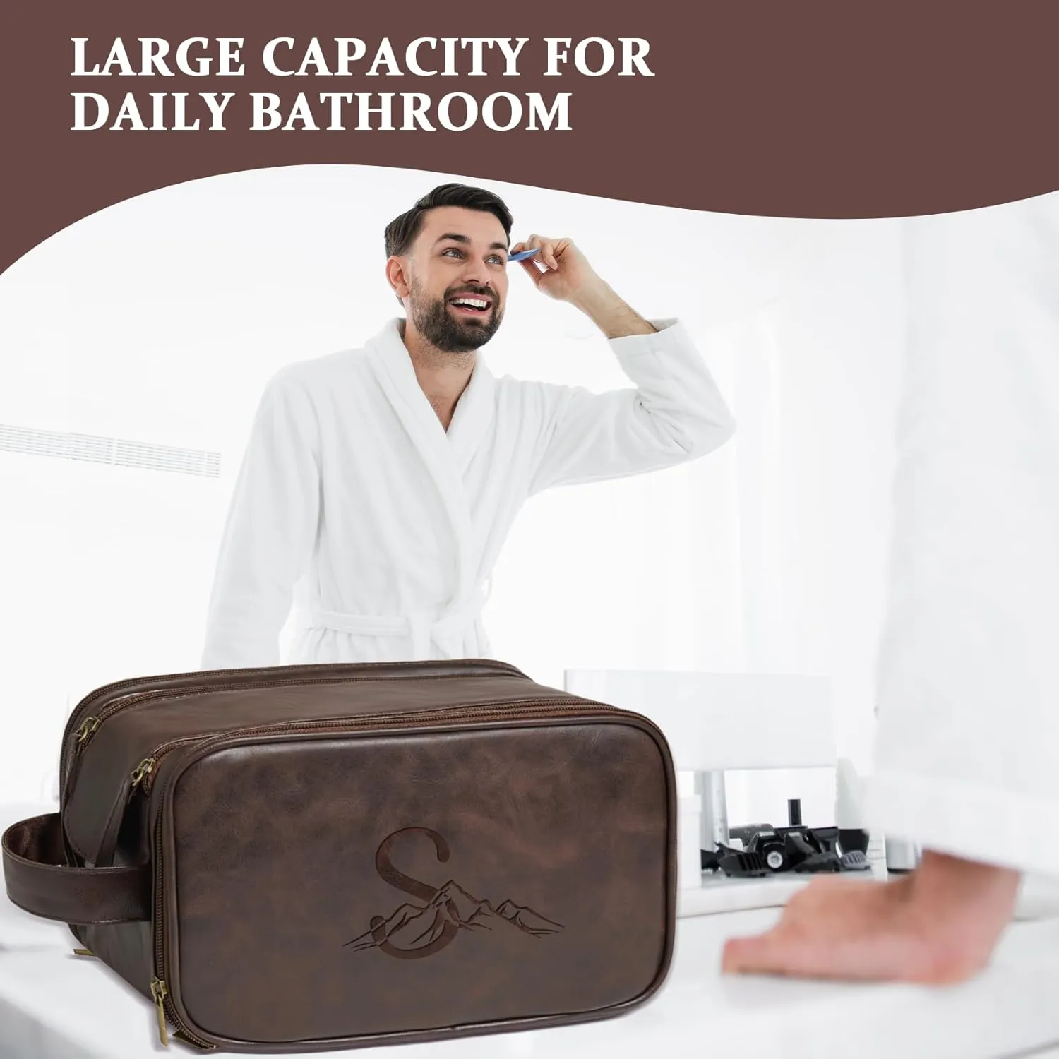 Janhavi Birthday Gifts For Husband, Personalized Laser Engraved Initials & Mountain, Make Up Bag Traveling, Men's Accessories Organizer Mens Travel Bag Toiletry, Gifts for Him (Dark Brown N)