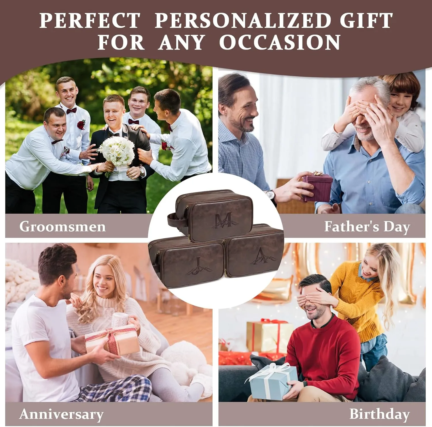 Janhavi Birthday Gifts For Husband, Personalized Laser Engraved Initials & Mountain, Make Up Bag Traveling, Men's Accessories Organizer Mens Travel Bag Toiletry, Gifts for Him (Dark Brown N)