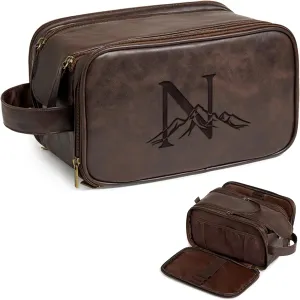 Janhavi Birthday Gifts For Husband, Personalized Laser Engraved Initials & Mountain, Make Up Bag Traveling, Men's Accessories Organizer Mens Travel Bag Toiletry, Gifts for Him (Dark Brown N)