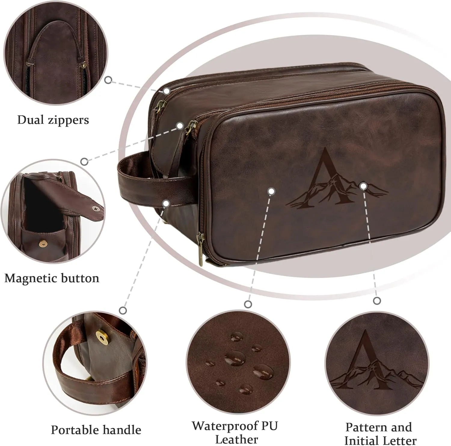 Janhavi Birthday Gifts For Husband, Personalized Laser Engraved Initials & Mountain, Make Up Bag Traveling, Men's Accessories Organizer Mens Travel Bag Toiletry, Gifts for Him (Dark Brown N)