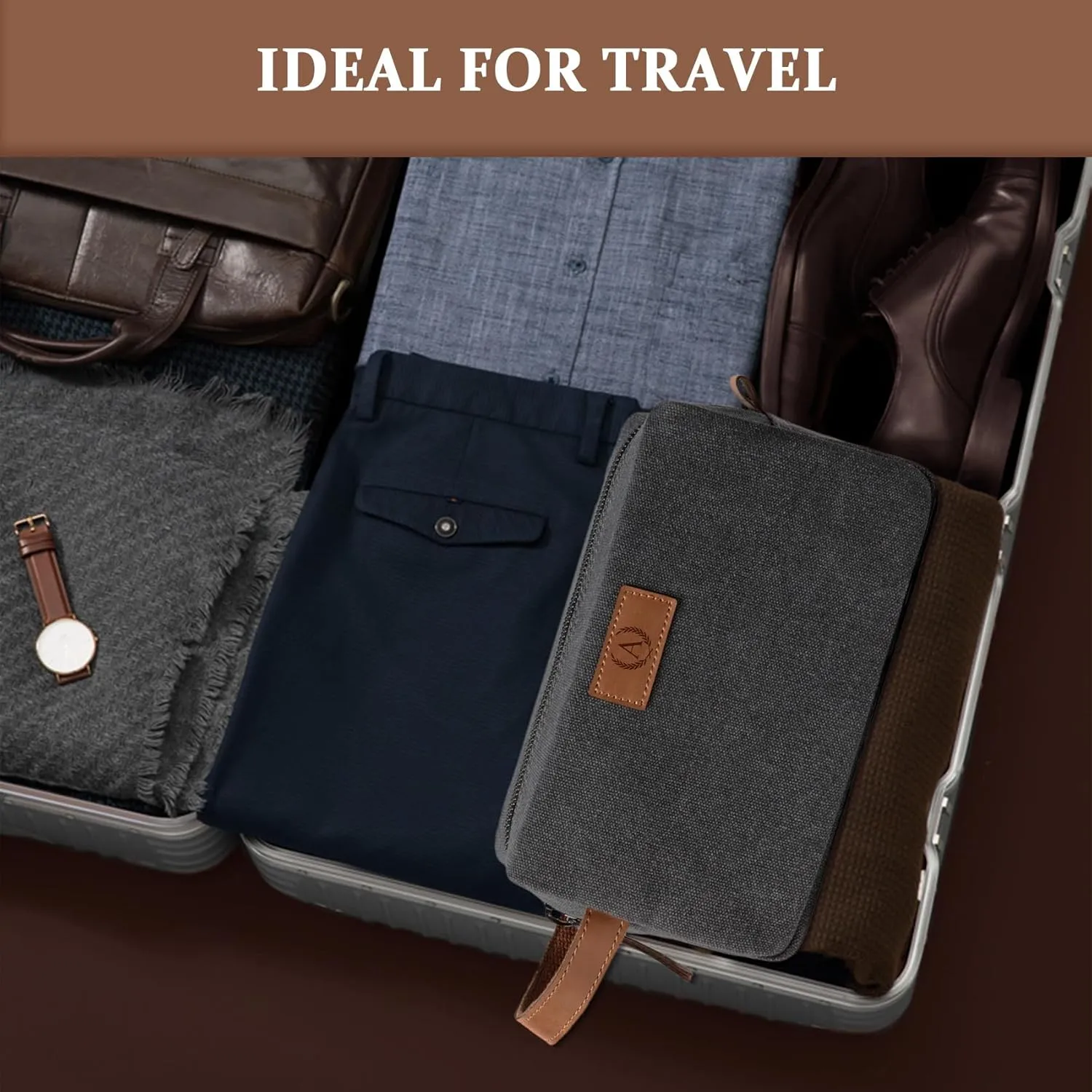 Janhavi Gifts for Husband, Waterproof Canvas Engraved Initials & Wheat Ear, Makeup Organizer Foldie Travel Bag Expandable, Men's Accessories Organizer, Mens Travel Bag Toiletry (Dark Grey G)