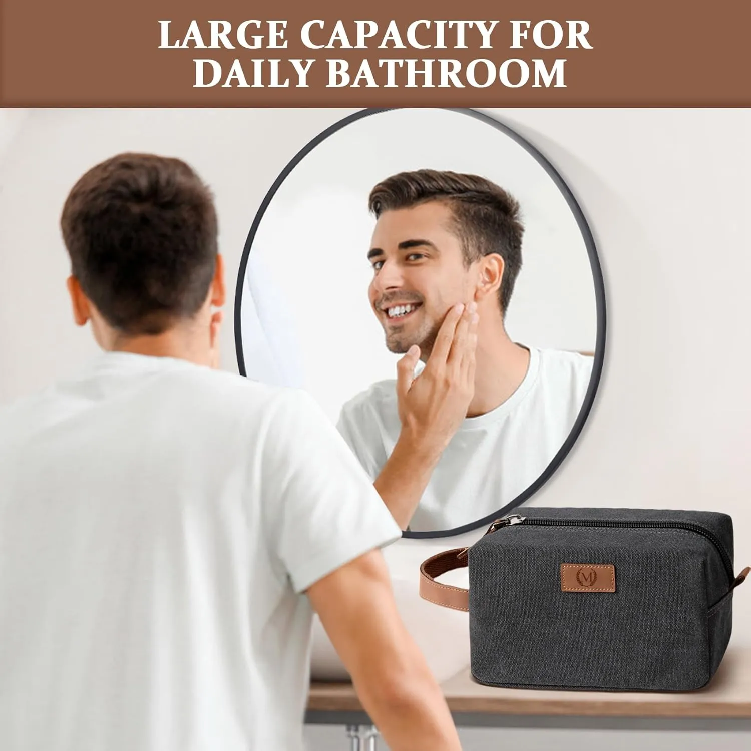 Janhavi Gifts for Husband, Waterproof Canvas Engraved Initials & Wheat Ear, Makeup Organizer Foldie Travel Bag Expandable, Men's Accessories Organizer, Mens Travel Bag Toiletry (Dark Grey G)