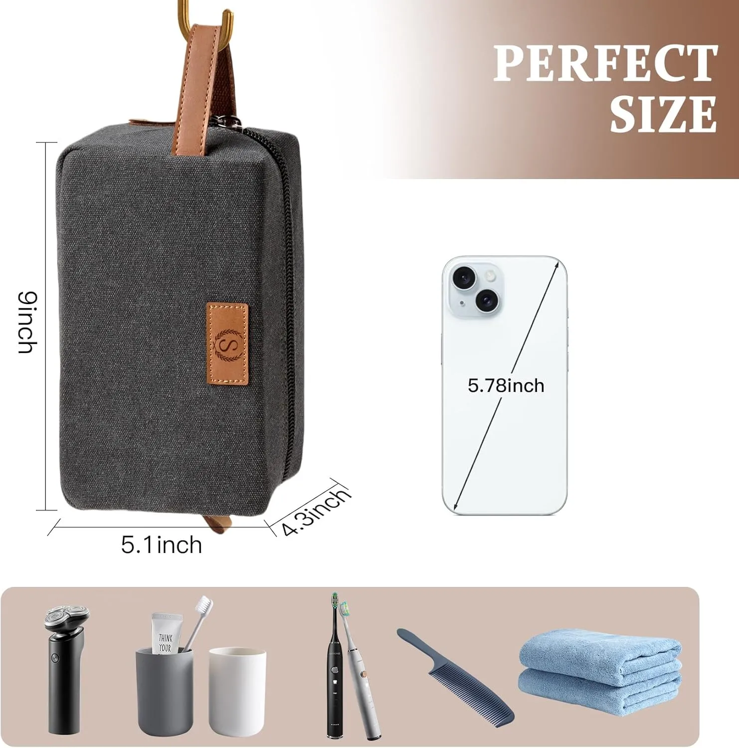 Janhavi Personalized Toiletry Bag for Men, Beach Vacation Travel Essentials, Waterproof Toiletry Bag with Hook, Laser Engraved Initials & Wheat Ear,Gifts For Him, Gifts For Husband(Dark Grey C)