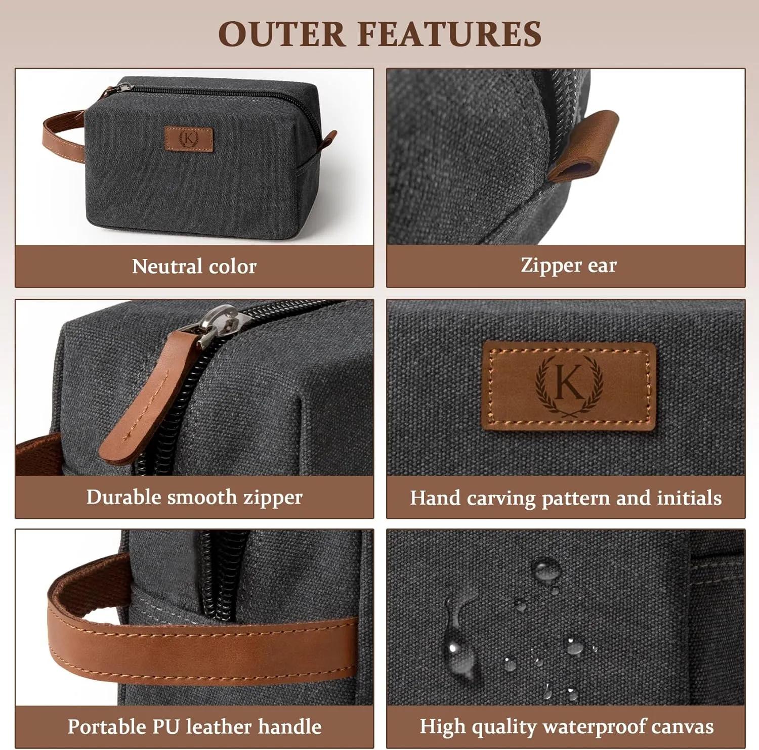 Janhavi Personalized Toiletry Bag for Men, Beach Vacation Travel Essentials, Waterproof Toiletry Bag with Hook, Laser Engraved Initials & Wheat Ear,Gifts For Him, Gifts For Husband(Dark Grey C)