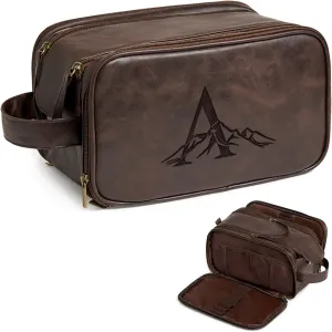 Janhavi Toiletry Bag For Men Waterproof, Groomsmen Gifts Personalized Leather Engraved Initials & Mountain, Mens Toiletry Travel Bag, Birthday Gifts For Men, Travel Tssentials (Dark Brown A)