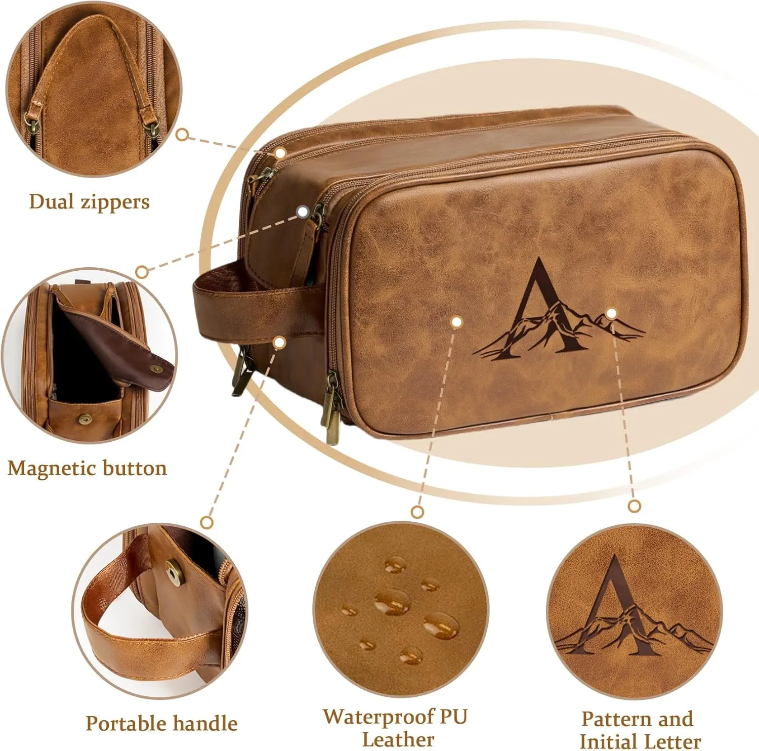 Janhavi Toiletry Bag For Men Waterproof, Groomsmen Gifts Personalized PU Leather Engraved Initials & Mountain, Mens Toiletry Travel Bag, Birthday Gifts For Men, Travel Tssentials (Brown A)