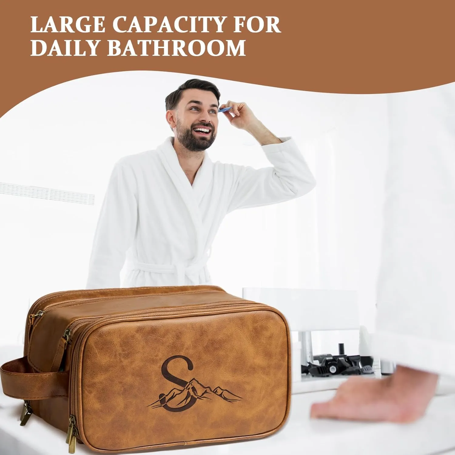 Janhavi Toiletry Bag For Men Waterproof, Groomsmen Gifts Personalized PU Leather Engraved Initials & Mountain, Mens Toiletry Travel Bag, Birthday Gifts For Men, Travel Tssentials (Brown A)