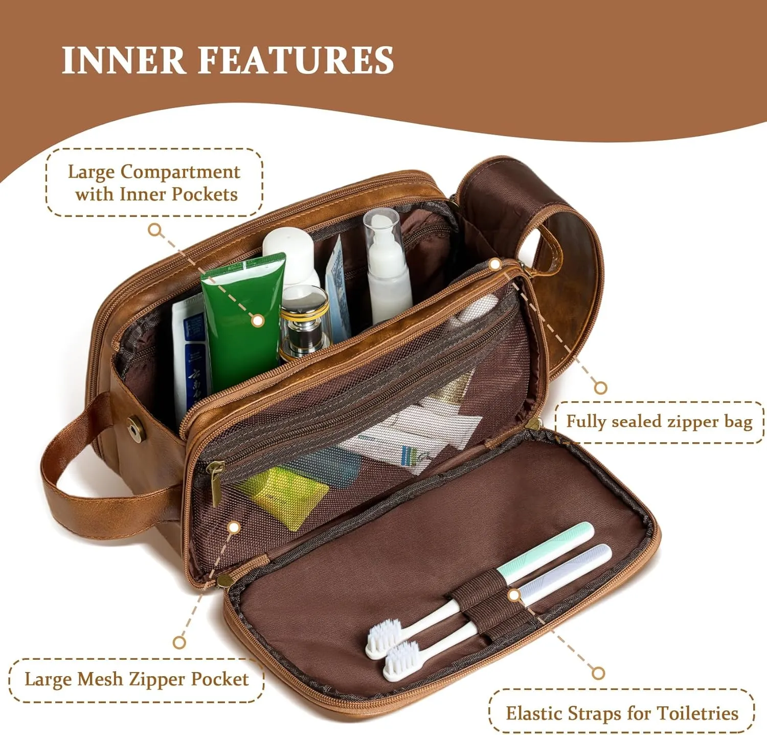 Janhavi Toiletry Bag For Men Waterproof, Groomsmen Gifts Personalized PU Leather Engraved Initials & Mountain, Mens Toiletry Travel Bag, Birthday Gifts For Men, Travel Tssentials (Brown A)