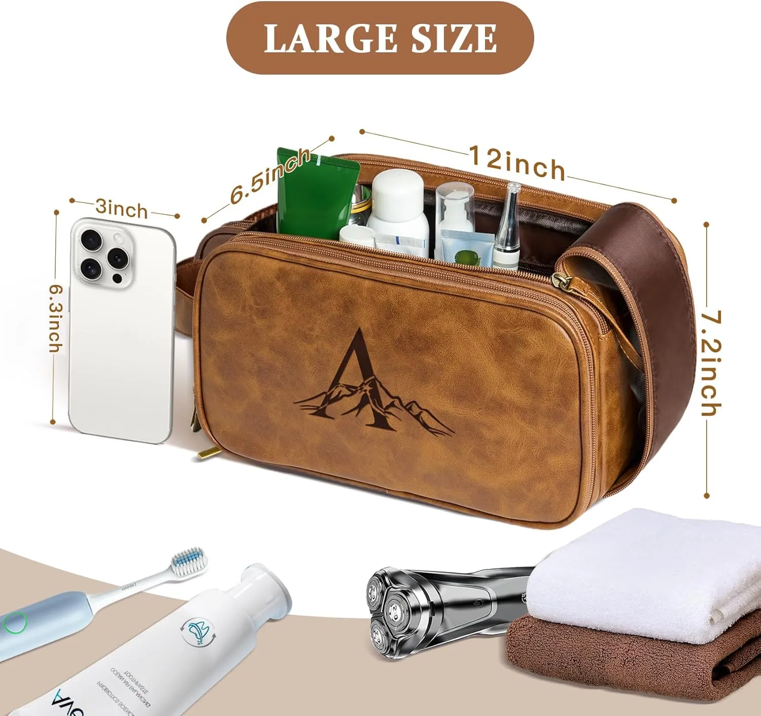 Janhavi Toiletry Bag For Men Waterproof, Groomsmen Gifts Personalized PU Leather Engraved Initials & Mountain, Mens Toiletry Travel Bag, Birthday Gifts For Men, Travel Tssentials (Brown A)