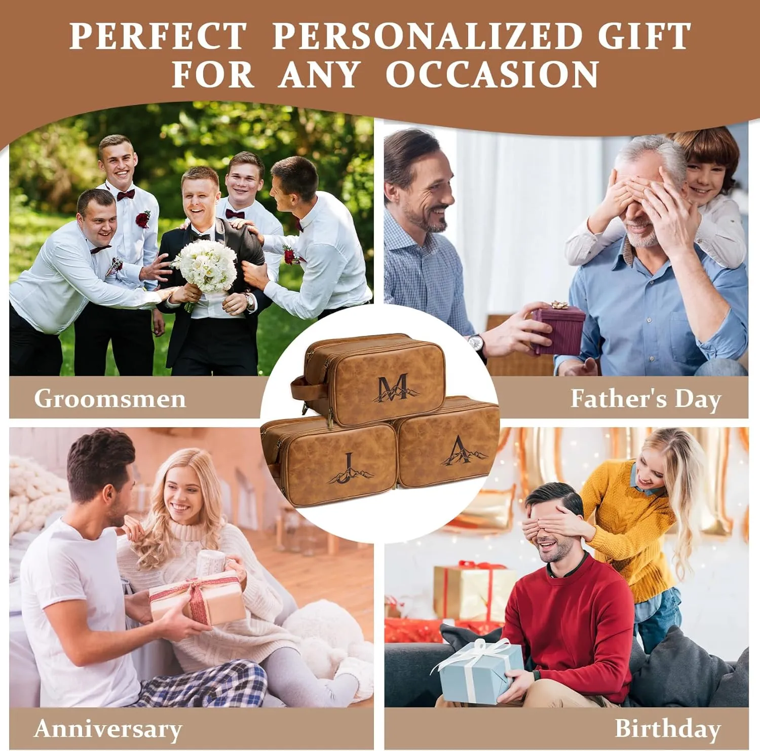 Janhavi Toiletry Bag For Men Waterproof, Groomsmen Gifts Personalized PU Leather Engraved Initials & Mountain, Mens Toiletry Travel Bag, Birthday Gifts For Men, Travel Tssentials (Brown A)