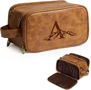 Janhavi Toiletry Bag For Men Waterproof, Groomsmen Gifts Personalized PU Leather Engraved Initials & Mountain, Mens Toiletry Travel Bag, Birthday Gifts For Men, Travel Tssentials (Brown A)