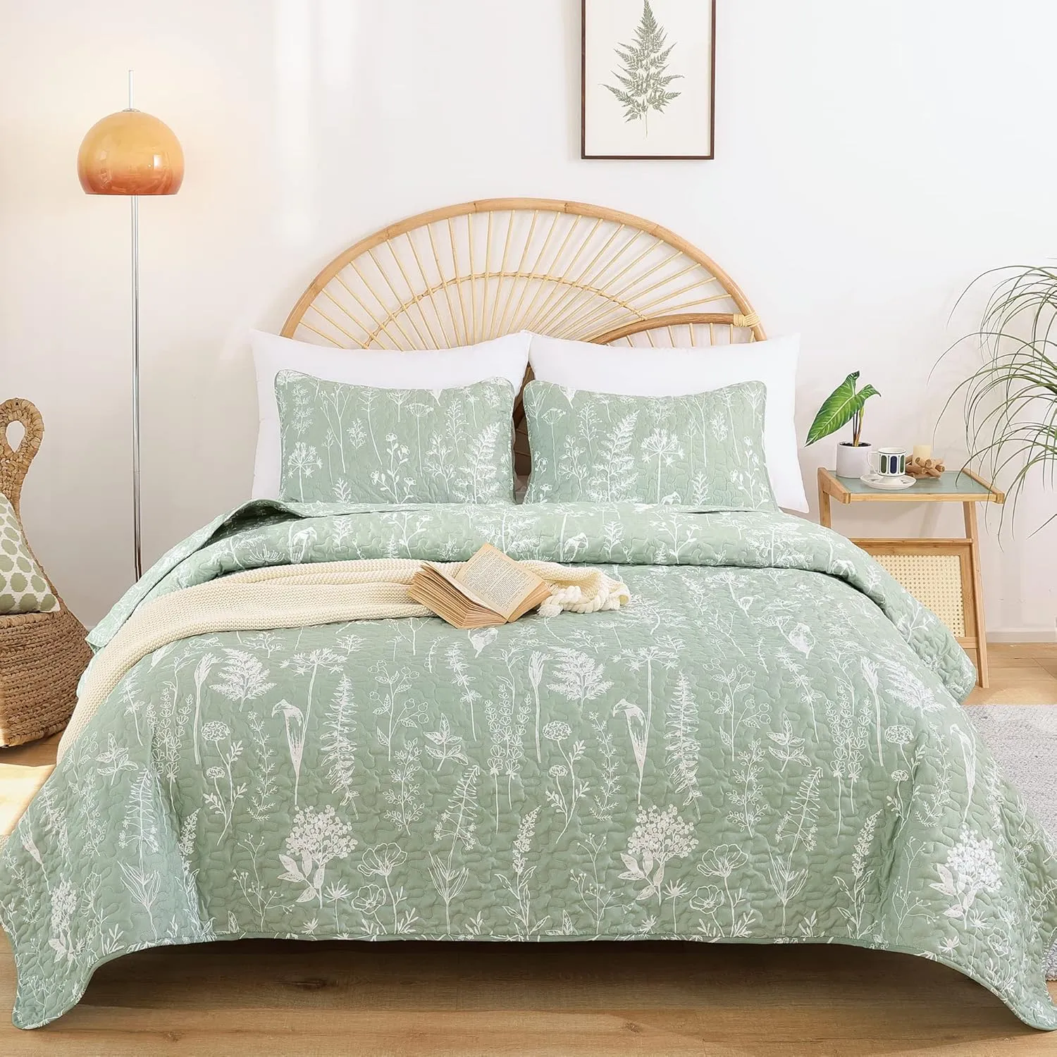 JANZAA Quilts Queen Size Sage Green Quilt Botanical with Floral Pattern Microfiber Bedspreads Queen Size 3 Pieces Lightweight Comforter Reversible Bedding Set with 2 Pillow Cases