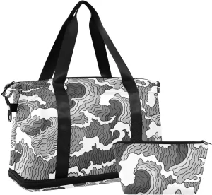 Japanese Abstract Black White Waves Seamless Pattern Gym Duffel Bag, Polyester Travel Weekender Luggage Handbag with Waterproof Pocket for Wet Items, Unisex Foldable Tote for Sports