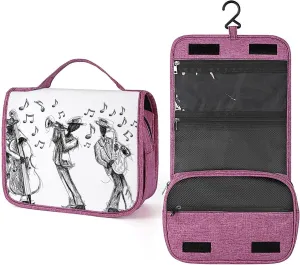 Jazz,Makeup Bag Cosmetic Travel Bag with Hanging Hook,Sketch of A Jazz Band Playing Music,Water-resistant Make Up Bag Organizer for Brushes,Full-size Container,Toiletries,Black White