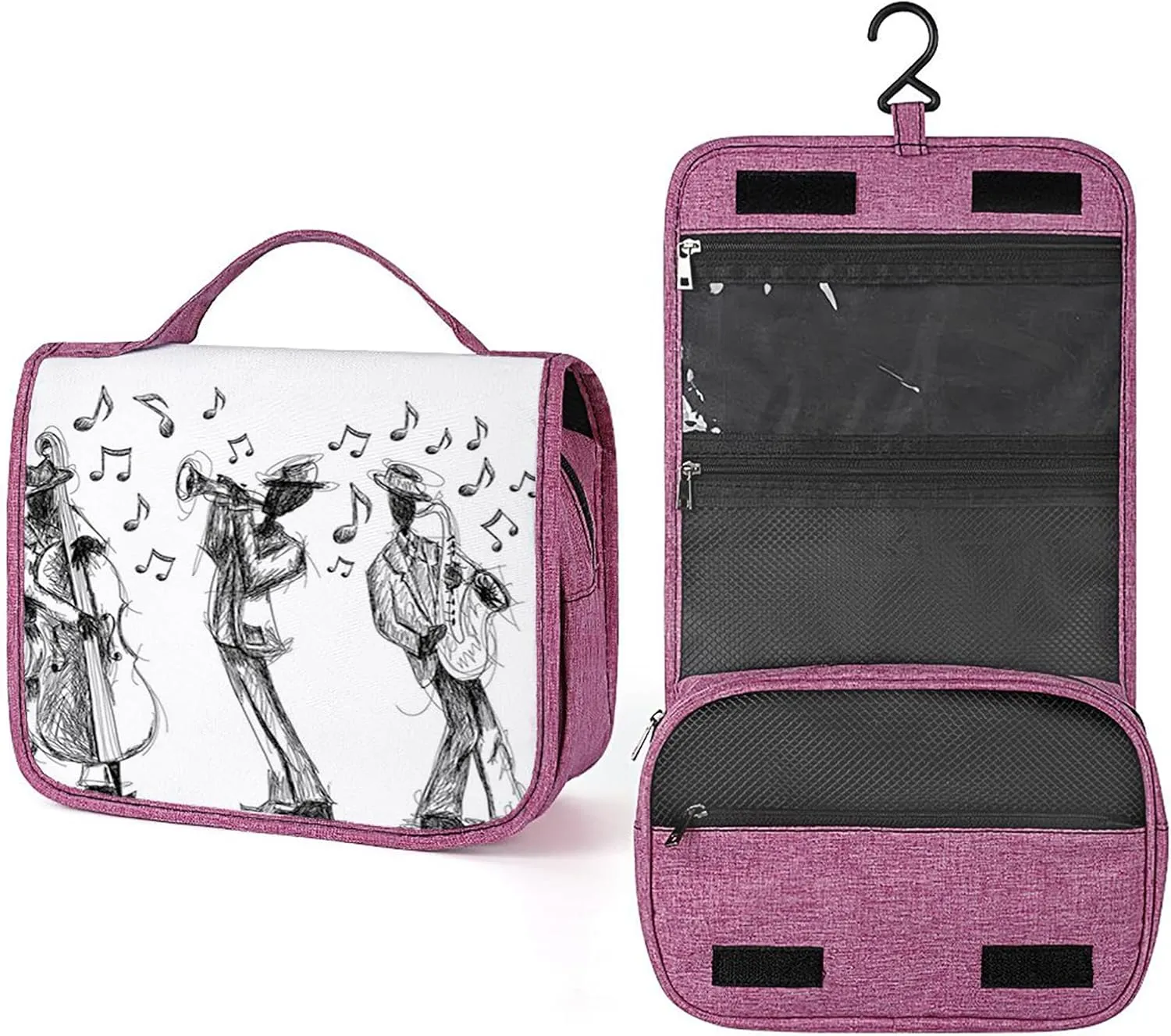 Jazz,Makeup Bag Cosmetic Travel Bag with Hanging Hook,Sketch of A Jazz Band Playing Music,Water-resistant Make Up Bag Organizer for Brushes,Full-size Container,Toiletries,Black White